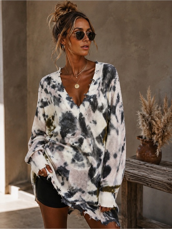 Young Fabulous & Broke Sweaters - Young Fabulous & Broke Distressed Tie-Dye V-Neck Tunic Sweater